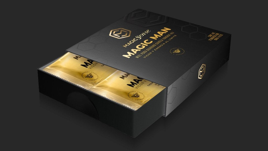 Caja de Magic Sense Man abierta mostrando los sachets