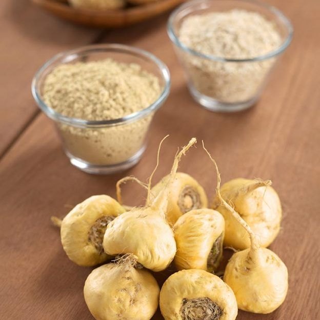 Raíces de maca y maca en polvo